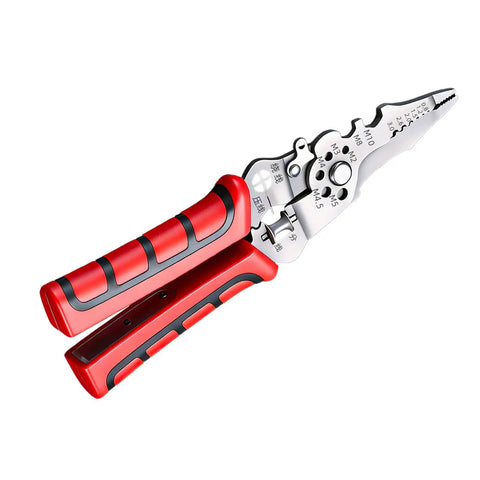 All In One Wire Stripper With Inductive Voltage Tester Pro Grade Electrician Cutting Tool with ergonomic red and black grips.