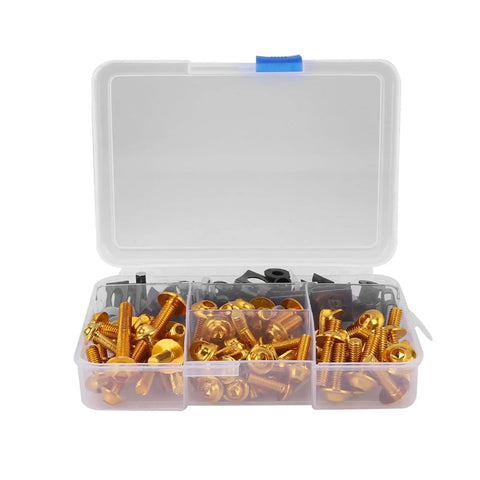 Universal Motorcycle Fairing Bolt Kit With M5 And M6 Aluminum Bolts Washers And Speed Clips All In One Replacement Hardware Set For Most Sportbikes Gold Finish Beefy Corrosion Resistant Fasteners With Easy Install in plastic case