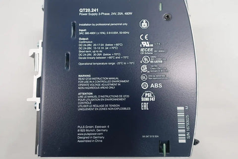 QT20.241 Switching Power Supply 380-480V AC To 24-28V DC 20A Beefy Output For Industrial Equipment And Control Panels Durable And Reliable Power Converter, rear label