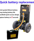 Top Tier Electric Stair Climbing Trolley Hand Truck With 1200W Brushless Motor for lifting heavy luggage showing quick battery replacement.