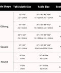 Size chart for tablecloths showing oblong, square, and round table sizes with seating capacity, including Round 60 Inch Outdoor Tablecloth.