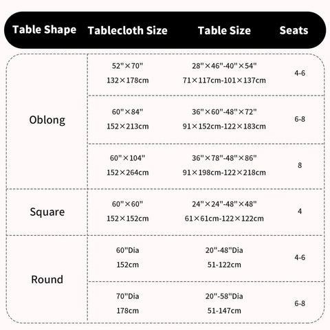 Size chart for tablecloths showing oblong, square, and round table sizes with seating capacity, including Round 60 Inch Outdoor Tablecloth.