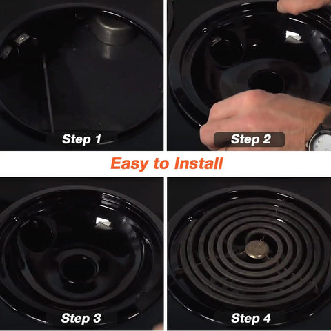 Installation steps for Porcelain Drip Pans 4 Pack for GE Hotpoint Range Cooktop, showing each stage of setting up the black porcelain pans.