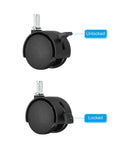 Image showing locked and unlocked positions of 1.5 Inch Stem Swivel Casters, 6 Pack Nylon 360 Degree Wheels With Brakes For Chairs Desks And Furniture Replacement.