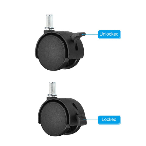 Image showing locked and unlocked positions of 1.5 Inch Stem Swivel Casters, 6 Pack Nylon 360 Degree Wheels With Brakes For Chairs Desks And Furniture Replacement.
