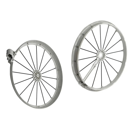 Two bicycle wheels with skull design, white spokes, and gray rims, shown from side and angled view, no tires.