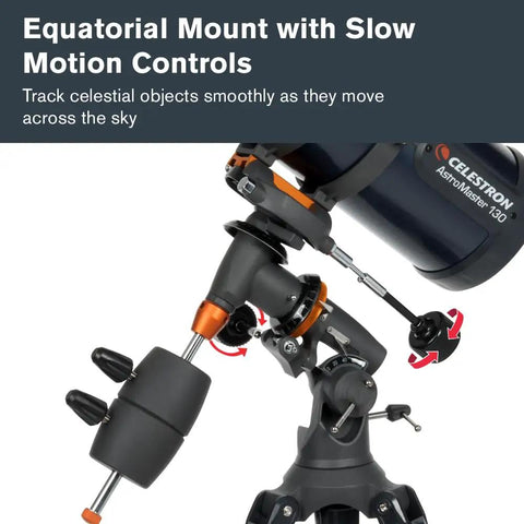 AstroMaster 130EQ-MD Newtonian Reflector Telescope with equatorial mount and slow motion controls for star tracking.