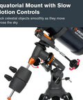 Close-up of the manual equatorial mount of the Starter Friendly 130mm Newtonian Reflector Telescope for precise tracking.