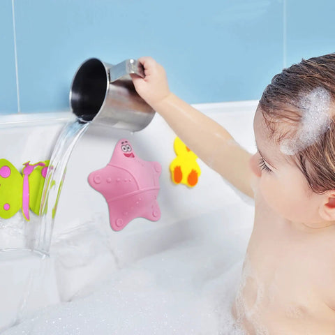 Kid Safe Silicone Bathtub Overflow Drain Cover With Five Rock Solid Suction Cups shown in use with a child during bath time.