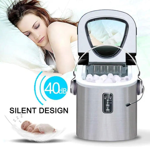 Hassle Free Countertop Ice Maker Machine Rolling Out Twenty Six Pounds Of Fresh Cubes Daily serving ice quietly near sleeping woman.