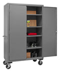 Rock Solid Locking Mobile Storage Cabinet With Four Adjustable Shelves And Flush Steel Doors 48 Inches Wide Gray open with shelves and wheels