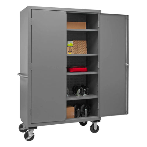 Rock Solid Locking Mobile Storage Cabinet With Four Adjustable Shelves And Flush Steel Doors 48 Inches Wide Gray open with shelves and wheels