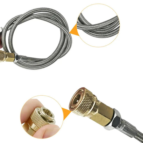 Close-up of Paintball And Scuba High Pressure Pro Grade Fill Station Adapter With 4500 PSI Air Hose, showing valve connectors.