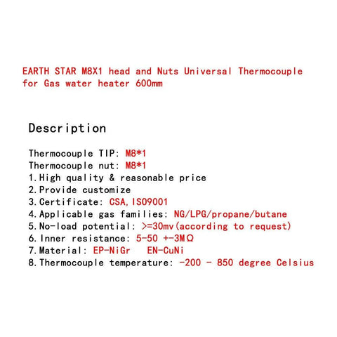 Earth Star M8x1 thermocouple with nuts for gas water heater, 600mm length