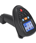 Wireless Handheld Barcode Scanner 2.4GHz 1D Barcode Reader with charging base, showing 2.2 inch LCD screen and keypad close-up.