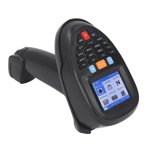 Wireless Handheld Barcode Scanner 2.4GHz 1D Barcode Reader with charging base, showing 2.2 inch LCD screen and keypad close-up.