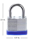 Laminated Steel Padlock Set, One And Nine Sixteenths Inch Wide Body, Short Shackle, detailed view with dimensions and blue base.
