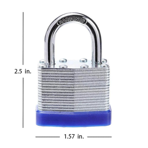 Laminated Steel Padlock Set, One And Nine Sixteenths Inch Wide Body, Short Shackle, detailed view with dimensions and blue base.