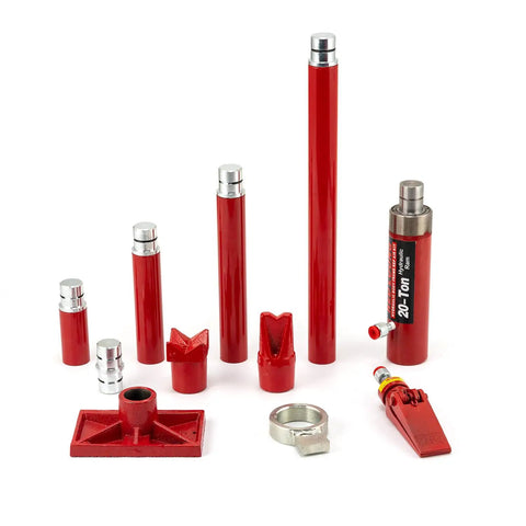 Heavy Duty 6-20 Ton Porta Power Hydraulic Jack Kit With Ram Pump Set red hydraulic components including tubes and fittings.