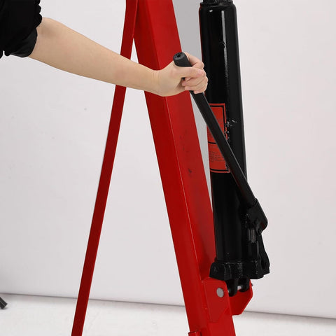 Person operating lever on 2 Ton Cherry Picker Engine Hoist Heavy Duty Folding Hydraulic Crane With 6 Casters And Lever For Auto Repair Garage.