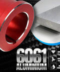 Red billet aluminum LS timing cover alignment tool beside a silver aluminum block; 6061 aluminum.
