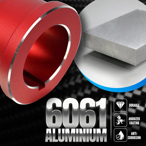 Red billet aluminum LS timing cover alignment tool beside a silver aluminum block; 6061 aluminum.