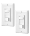 Two Pack Dimmer Light Switches Featuring Quiet Smooth Glide Slider And No Sweat Flicker Free Minimum Brightness Control With No Neutral Wire Required For Breezy Single Pole Or Three Way Install in white color.
