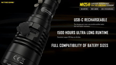 MH25S 1800 Lumen Tactical Flashlight With 551 Yard Throw USB C Rechargeable close-up showing USB-C port and runtime specs.