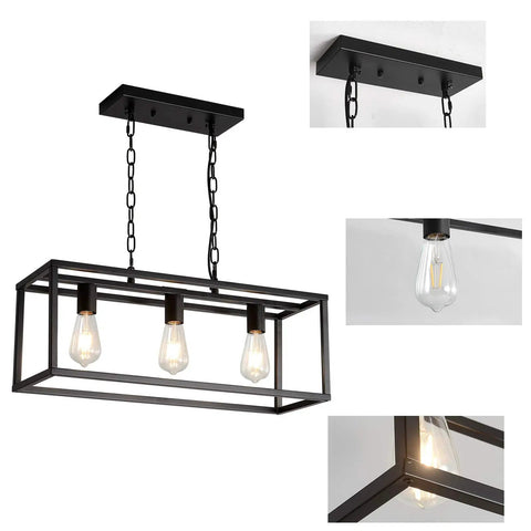 Rectangle Black 3 Light Pendant Light For Kitchen Island And Dining Room Sleek Contemporary Linear Cage Fixture With Farmhouse Vibe Ceiling Mount Adjustable Stem Easy Install Modern Hanging Lighting