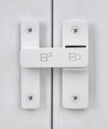 Close-up of Heavy Duty Barn Door Latches, 180 Degree Swing Gate Lock, Solid Zinc Alloy, Matte White Finish mounted on door.