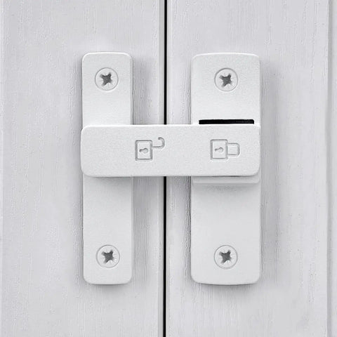 Close-up of Heavy Duty Barn Door Latches, 180 Degree Swing Gate Lock, Solid Zinc Alloy, Matte White Finish mounted on door.