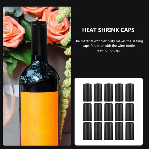 Sleek Black Wine Bottle Shrink Caps Engineered For Fast Heat Shrink Sealing Hella Durable Premium PVC Build 50 Pack on wine bottle.