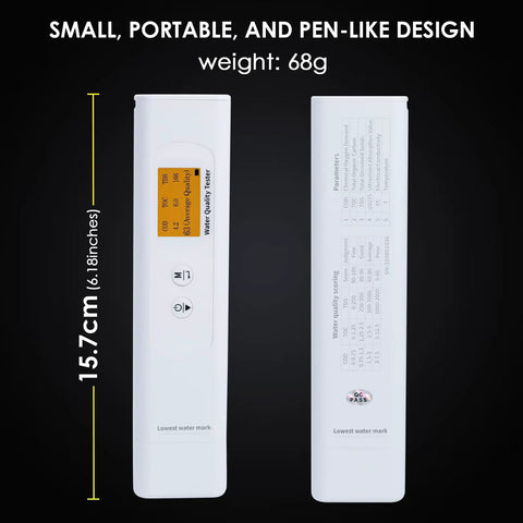 Front and side view of 6 In 1 Portable Water Quality Tester For Drinking Water With TDS TOC COD EC UV275 And Temperature Digital Meter.