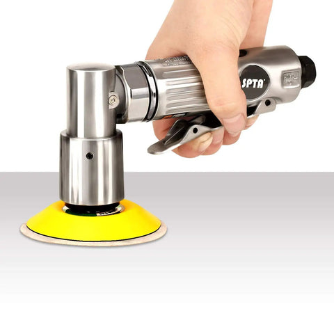 Hand holding Mini Air Angle Sander Grinder Be Your Handy Workhorse With 90 Degree Head For Tight Spots Random Orbital Palm Sander Kit.