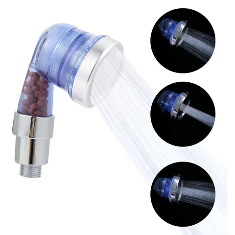 Blue Sprayer Head With Filter For Shampoo Bowl Three Function Pressurized Shower Head With Water Saving Feature And High Pressure Water Flow Game Changing For Dry And Frizzy Hair showing spray modes and filter