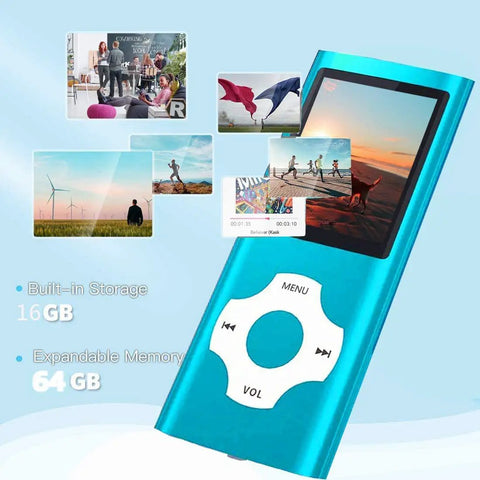 Compact MP3 Player With 32GB Memory Card, FM Radio, Voice Recorder, 1.82 Inch LCD Screen, USB Port, Sleek Blue design