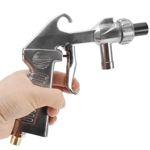 Hand holding Pro Grade All In One Sandblaster Kit With Air Quick Adapter For Sandblast Cabinets Rust Removal And Surface Cleaning Of Metal Rims
