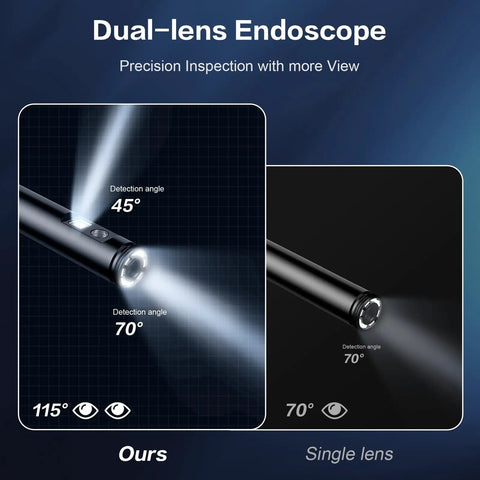 Comparison of dual lens and single lens detection angles of 45° and 70° in Dual Lens Endoscope Camera With Light For Inspections.