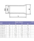 Diagram of wire ferrule dimensions and table with size specifications for 50 Pieces AWG 1/0 Wire Ferrules Kit With Tinned Copper Crimp Connectors Pro Grade Non Insulated End Terminals For Electric Cables And Automotive Wiring Projects, Durable Anti Oxidation Finish, High Conductivity, Low Resistance, Easy Crimping.