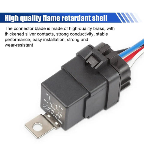 Heavy Duty 4 Pin SPDT Car Relay Kit With Waterproof 12V DC Operation 40A 30A showing flame retardant shell and wires