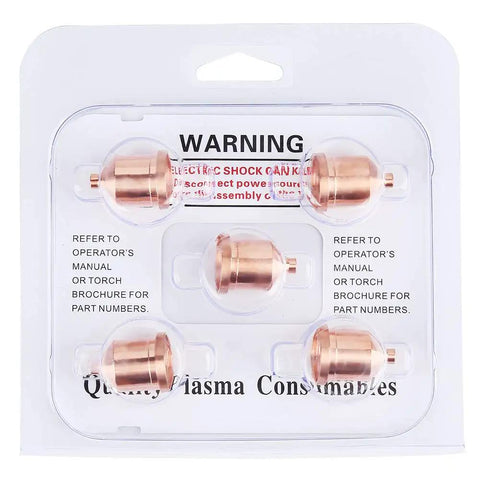 Top Tier 60A Plasma Cutter Nozzles Set Includes Five Premium Copper Torch Tips Model 120931 in packaging for cutting steel.
