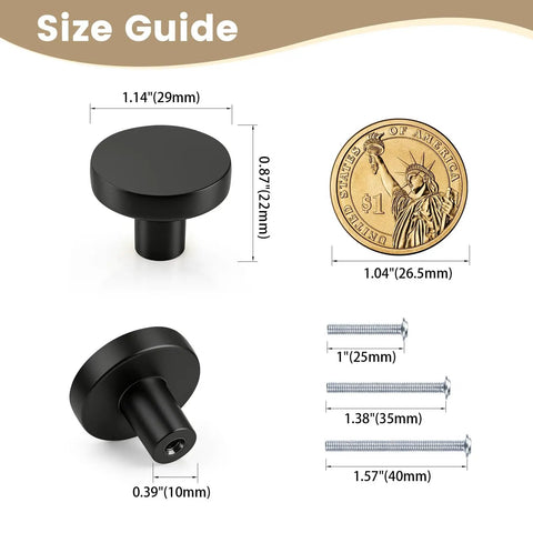 Size guide for Top Tier Heavy Duty Black Cabinet Knobs Slick Round Handles For Kitchen Cupboards And Drawers Solid Zinc Alloy.