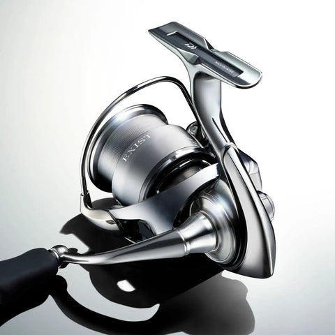 Exist LT Spinning Reel with Lightweight MQ Body, ZAION Construction, Airdrive Rotor and Spool, angled view.