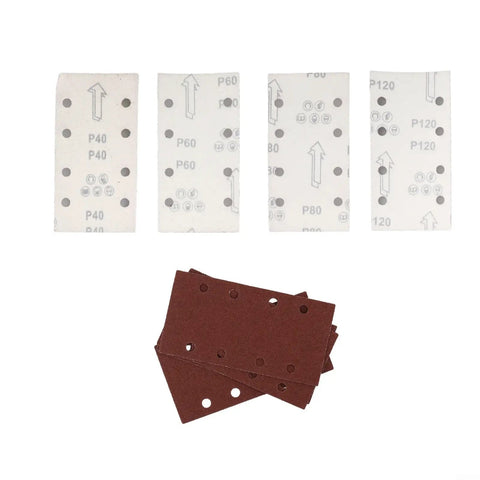 Get This Awesome 20 Pcs Rectangle Sanding Paper Set For Woodworking With 93x185mm Sheets And Sweet Flocking Design Across Assorted Grits Like 40, 60, 80, And 120 For Smooth Shaving And Polishing Magic Without Tearing Your Projects Apart. Four rectangle sanding sheets, grit 40, 60, 80, and 120, with holes for grinders, showing different textures.