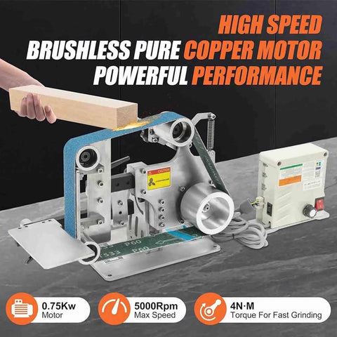 Badass 750W Brushless Belt Sander With Quick Toggle Speed Dial And Crisp Digital Gauge For Smooth Wood Metal Finishing showing pure copper motor in action.
