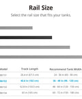 Rail size chart for HyperReef Multi Light Mount System Sliding Rail For 36 To 48 Inch Aquarium Tanks with lengths and models.