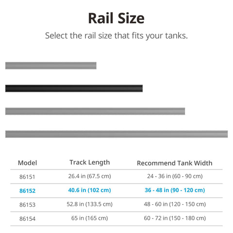 Rail size chart for HyperReef Multi Light Mount System Sliding Rail For 36 To 48 Inch Aquarium Tanks with lengths and models.