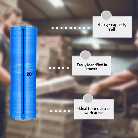 Straight Up Heavy Duty Boss Pack 20 Rolls 20 Inch By 5000 Feet 80 Gauge Tinted Blue Machine Stretch Film showing large roll for industrial use.