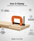 Heavy Duty 1 Inch Iron G Clamp For Woodworking And Furniture Projects With Strong Clamping Power Durable Orange Finish, shown holding wooden boards.