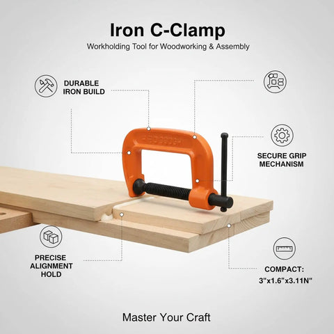 Heavy Duty Iron G Clamp With Massive 3 Inch Jaw, shown clamping wood pieces together with secure grip.
